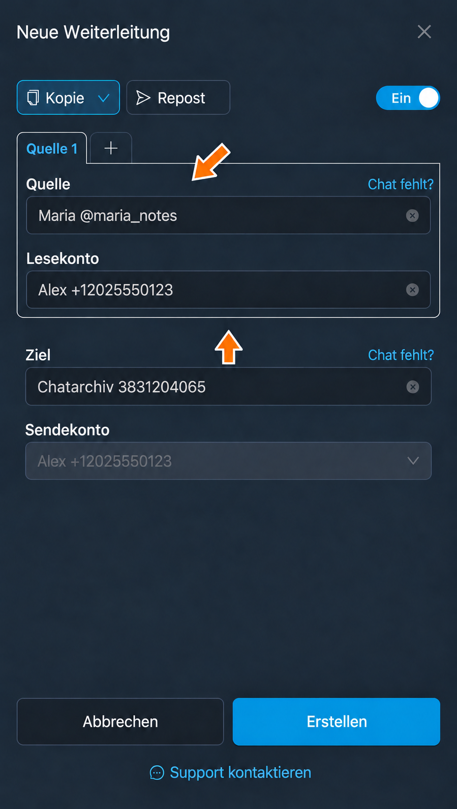 Privater Chat und Konto mit Zugriff darauf.
