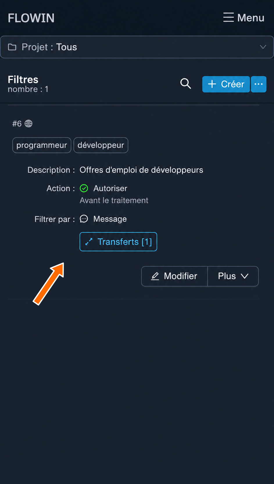 Le bouton affichant la liste des transferts associés