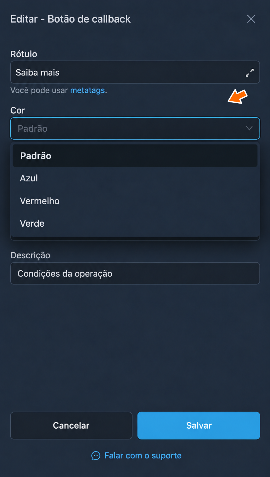 Cores disponíveis para um botão de callback