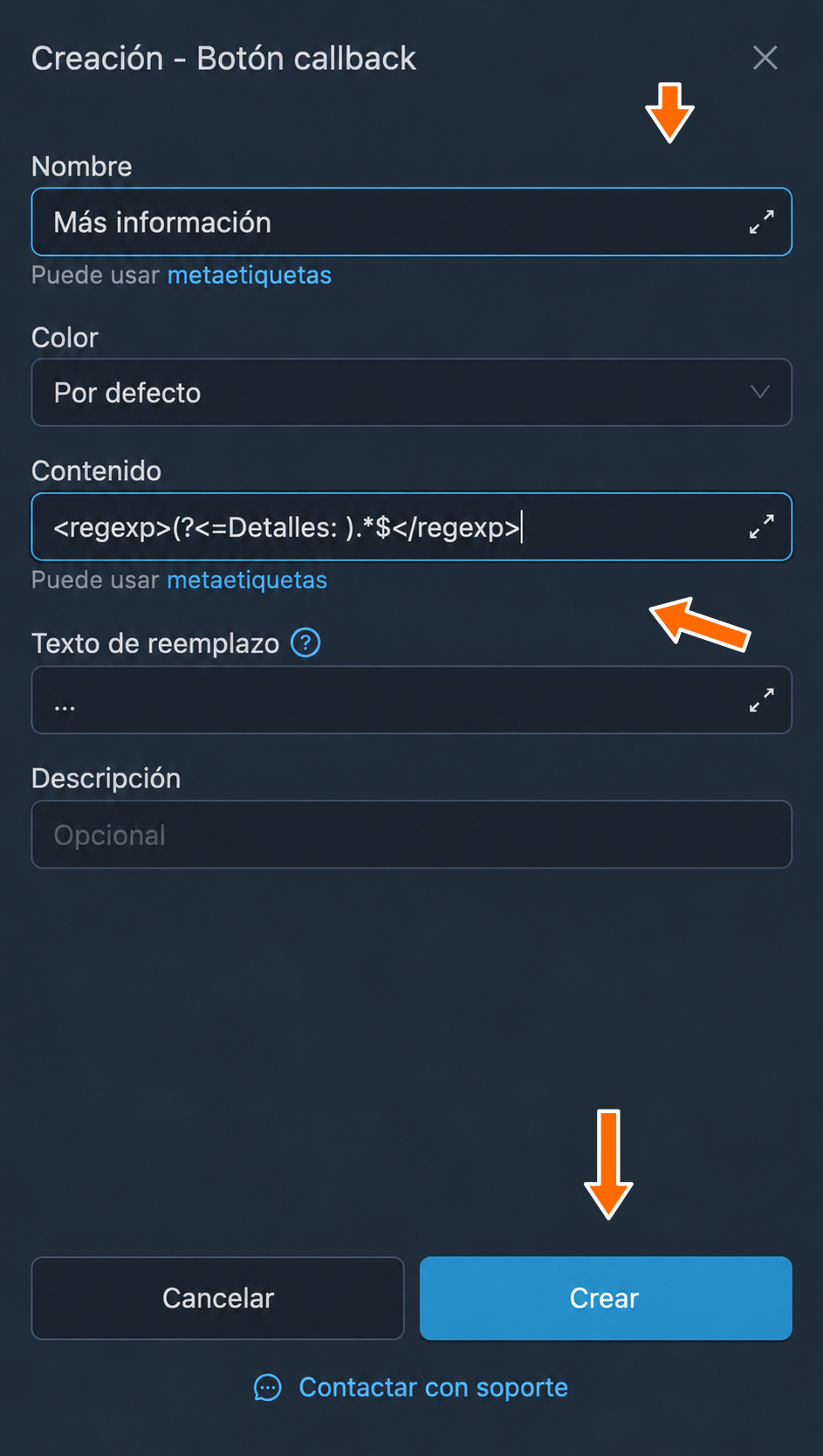 Nombre y patrón del contenido del botón