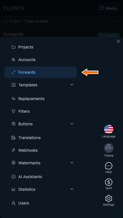 The “Forwards” section in the control panel menu.