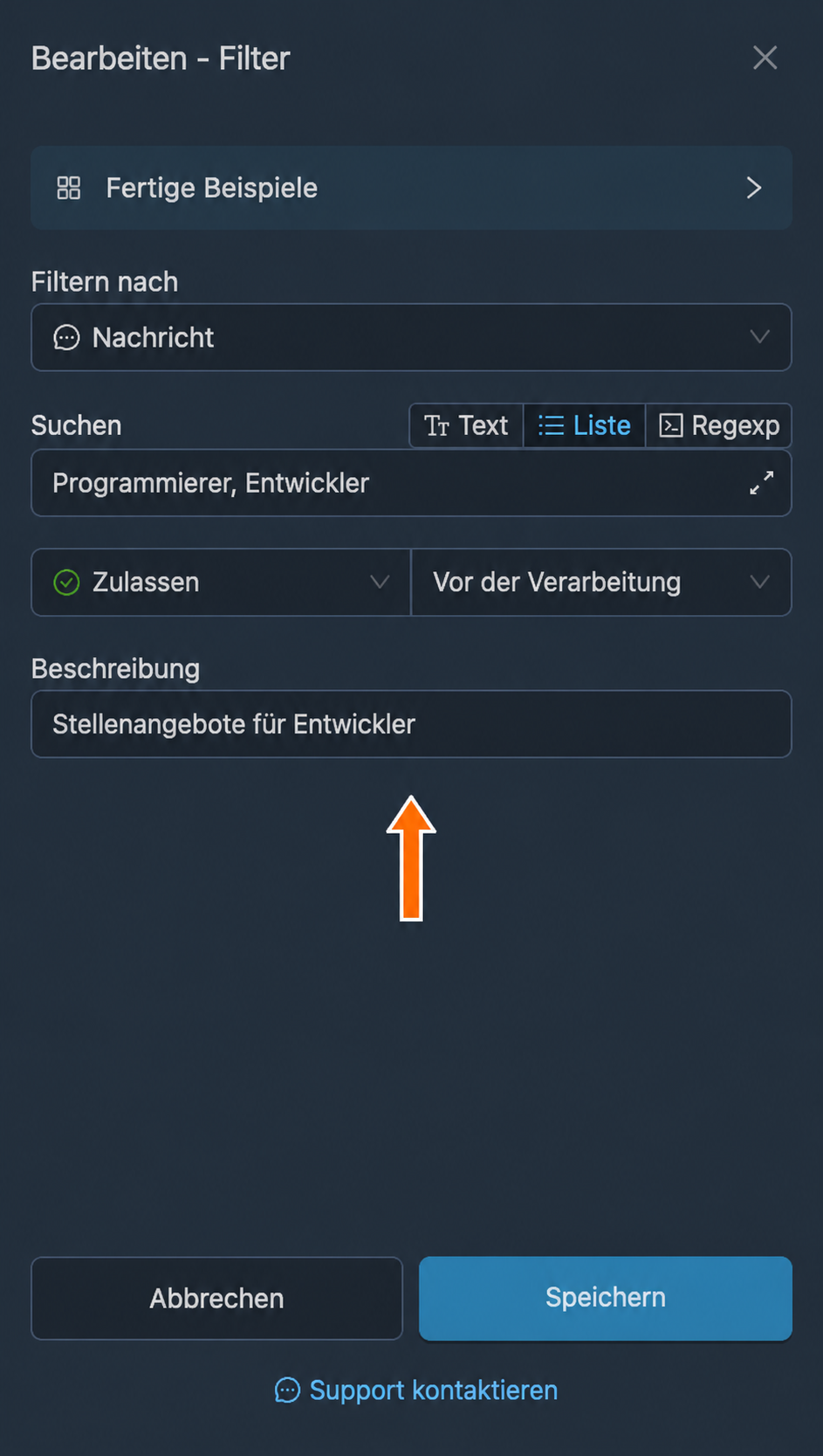 Die optionale Filterbeschreibung