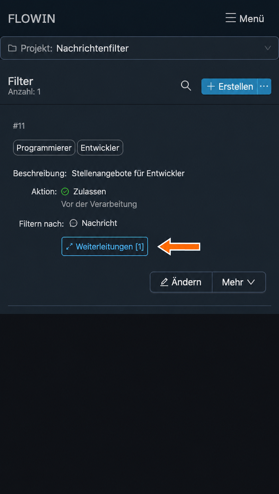 Die Schaltfläche mit der Liste zugeordneter Weiterleitungen