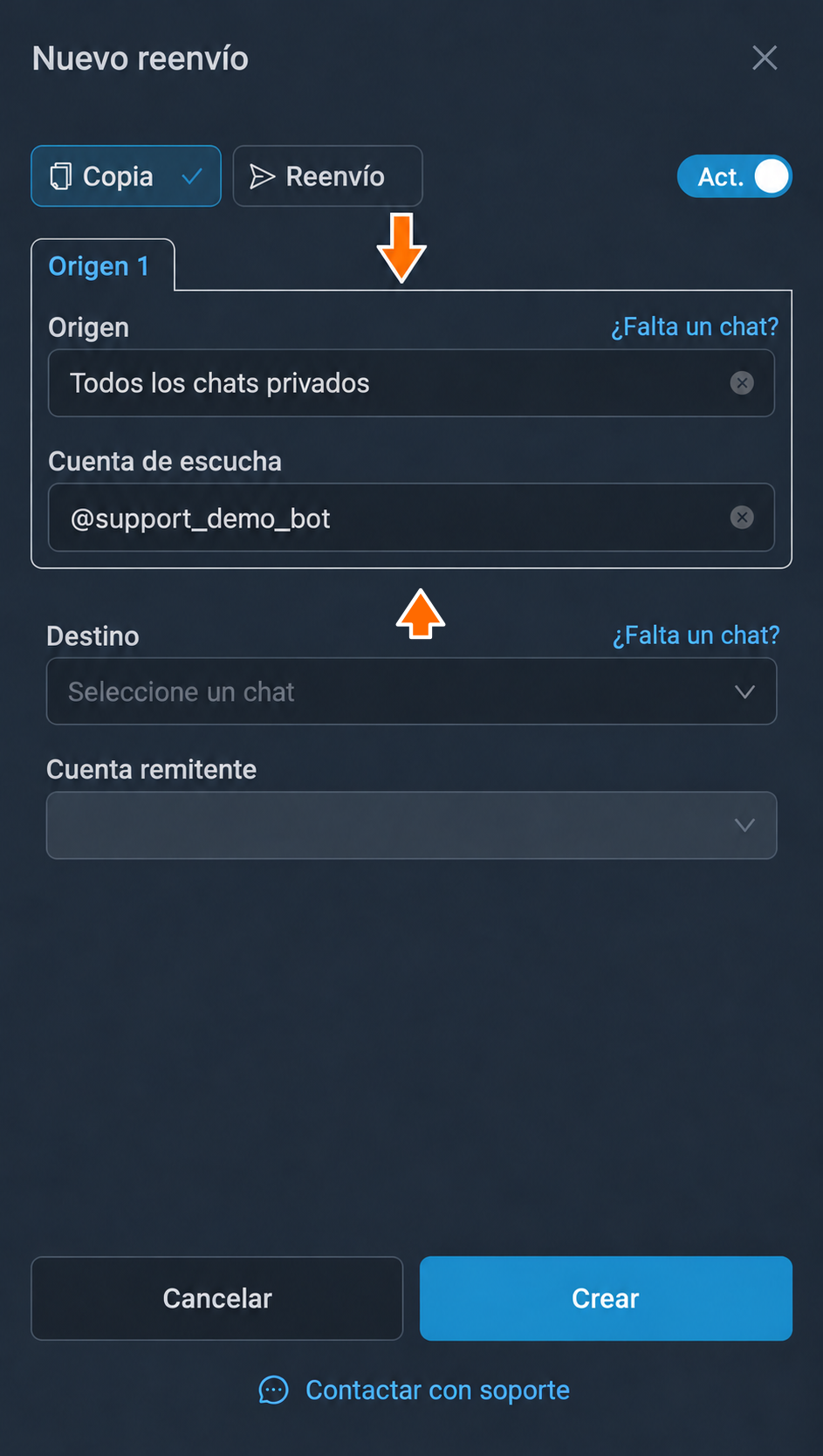 Todos los chats privados como origen de las consultas