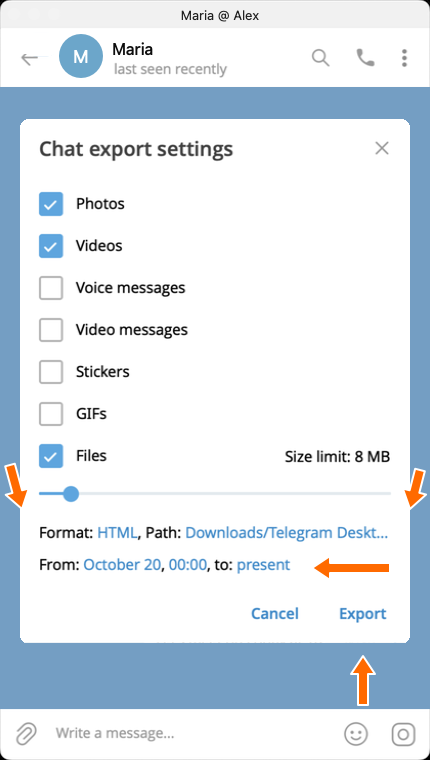 The format, folder, date range and export button.