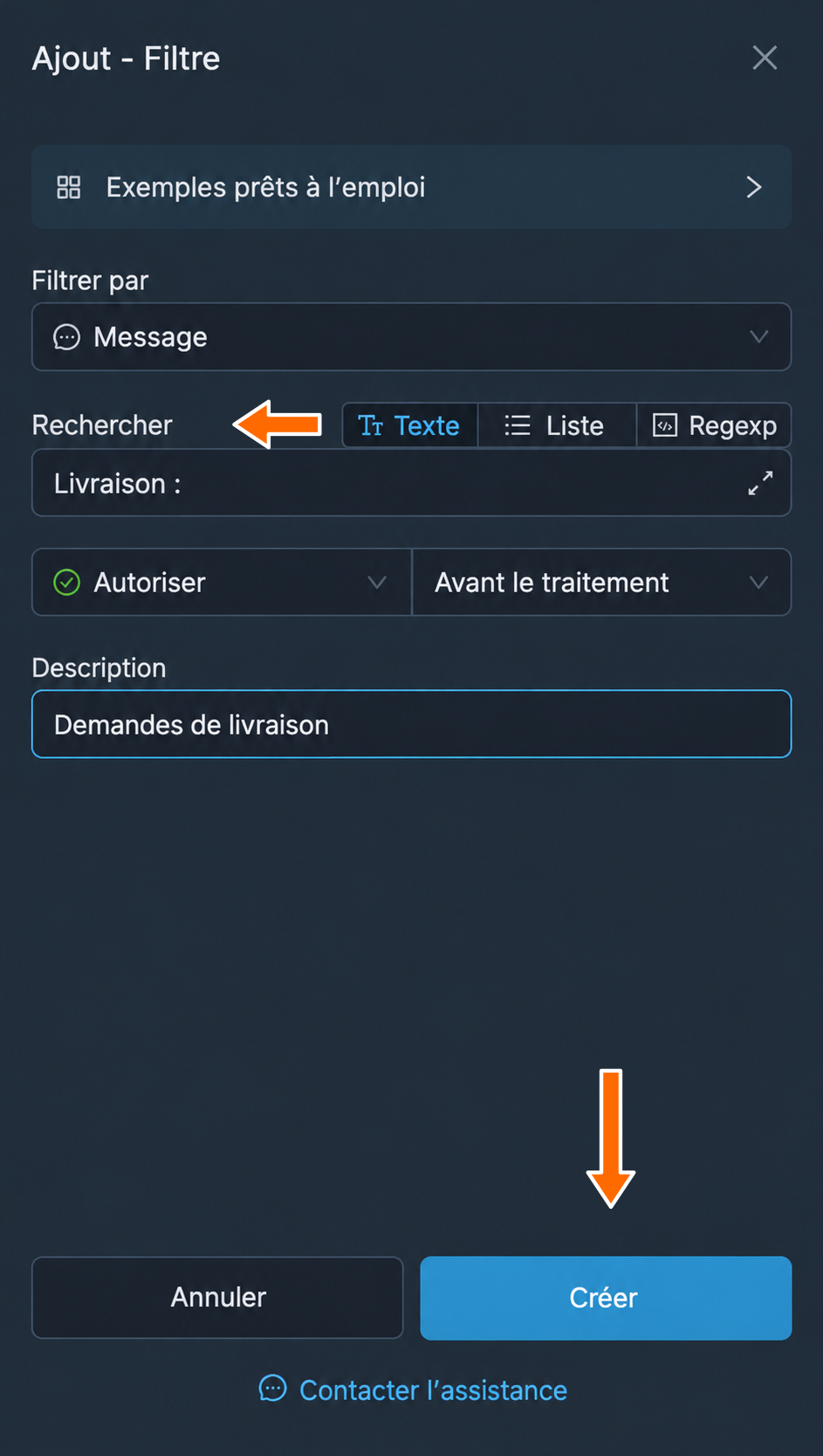 Filtre d’autorisation pour la mention « Livraison : »