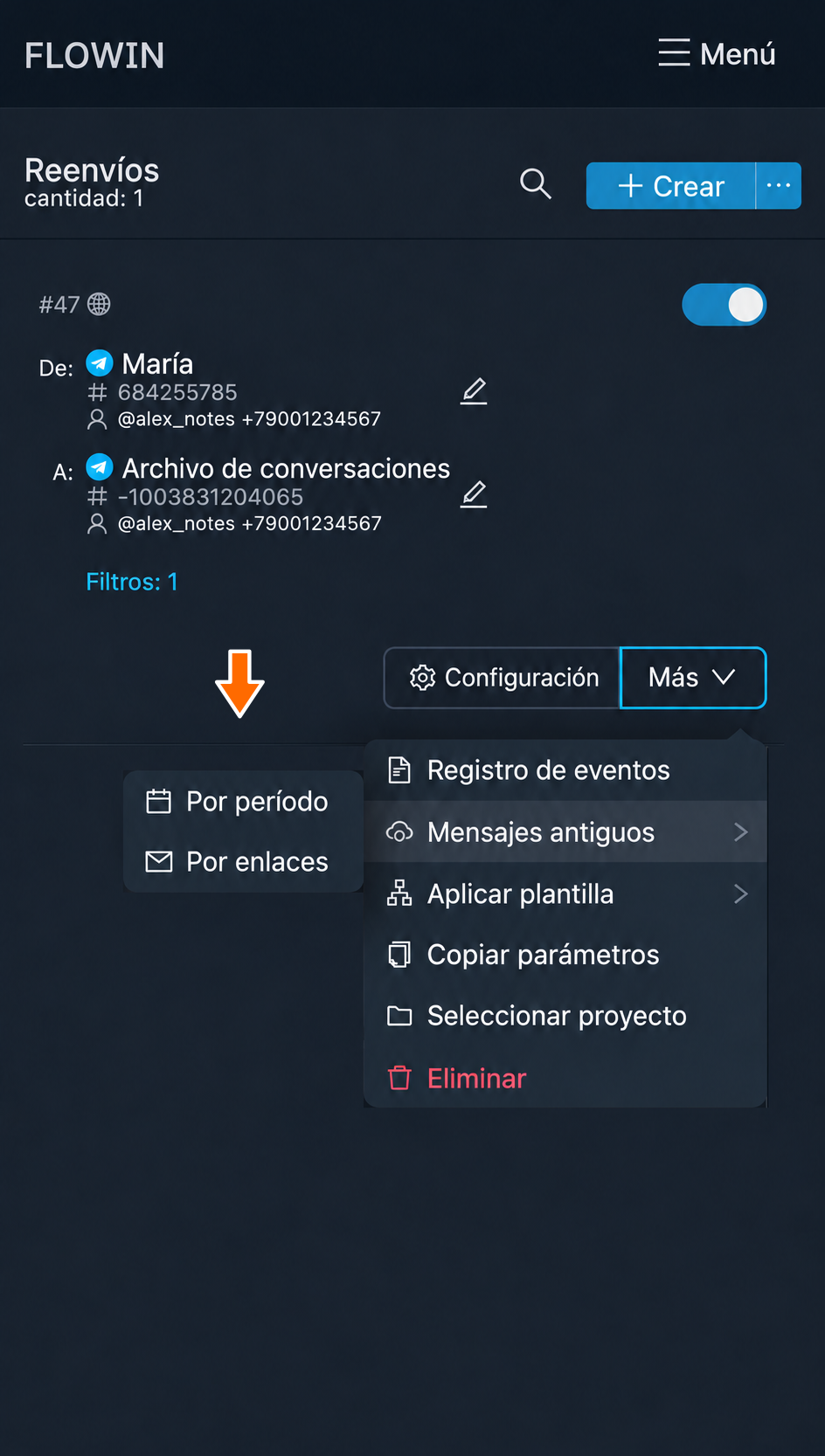 Copia de mensajes por período.
