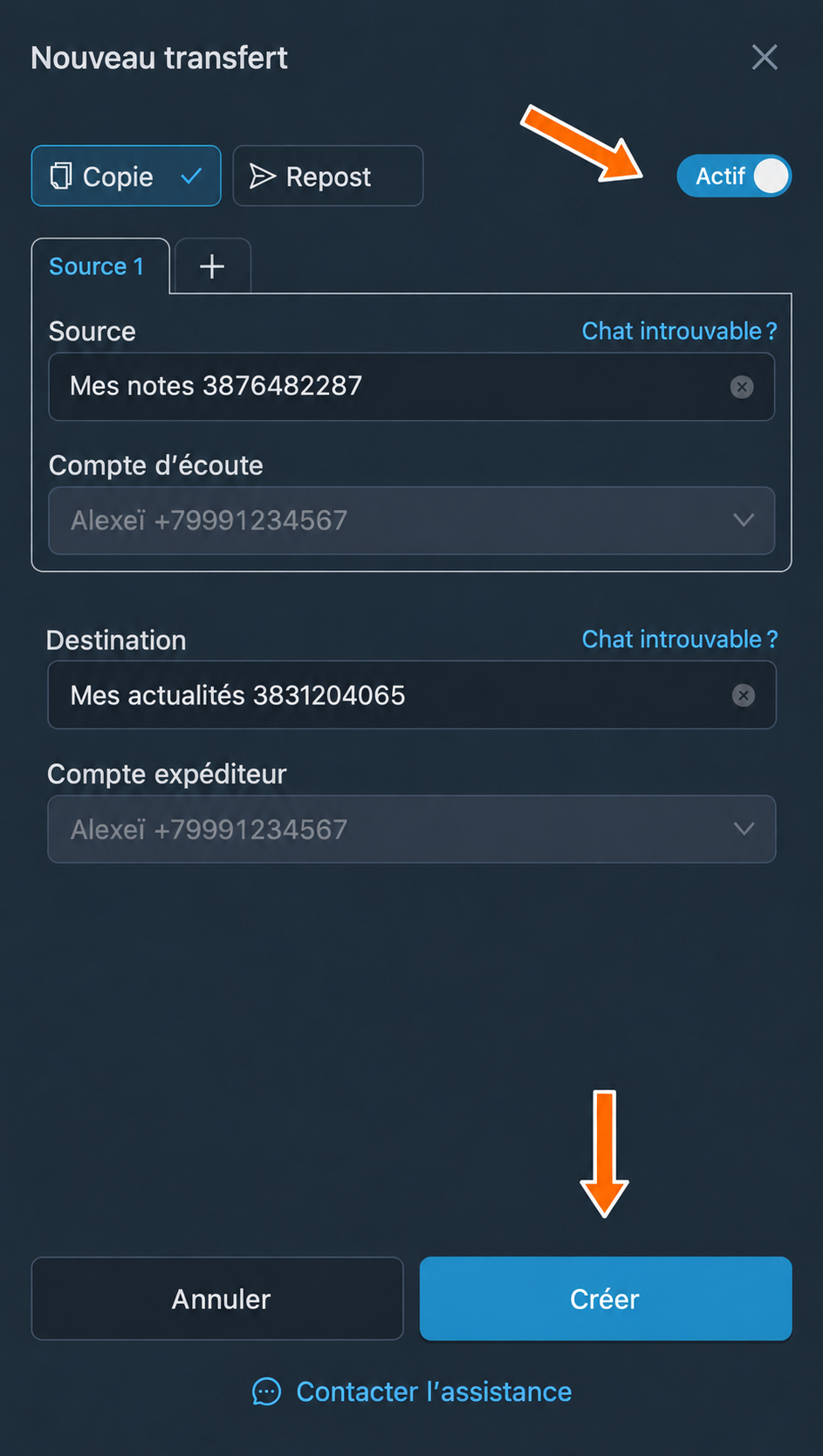 Création d’un transfert activé