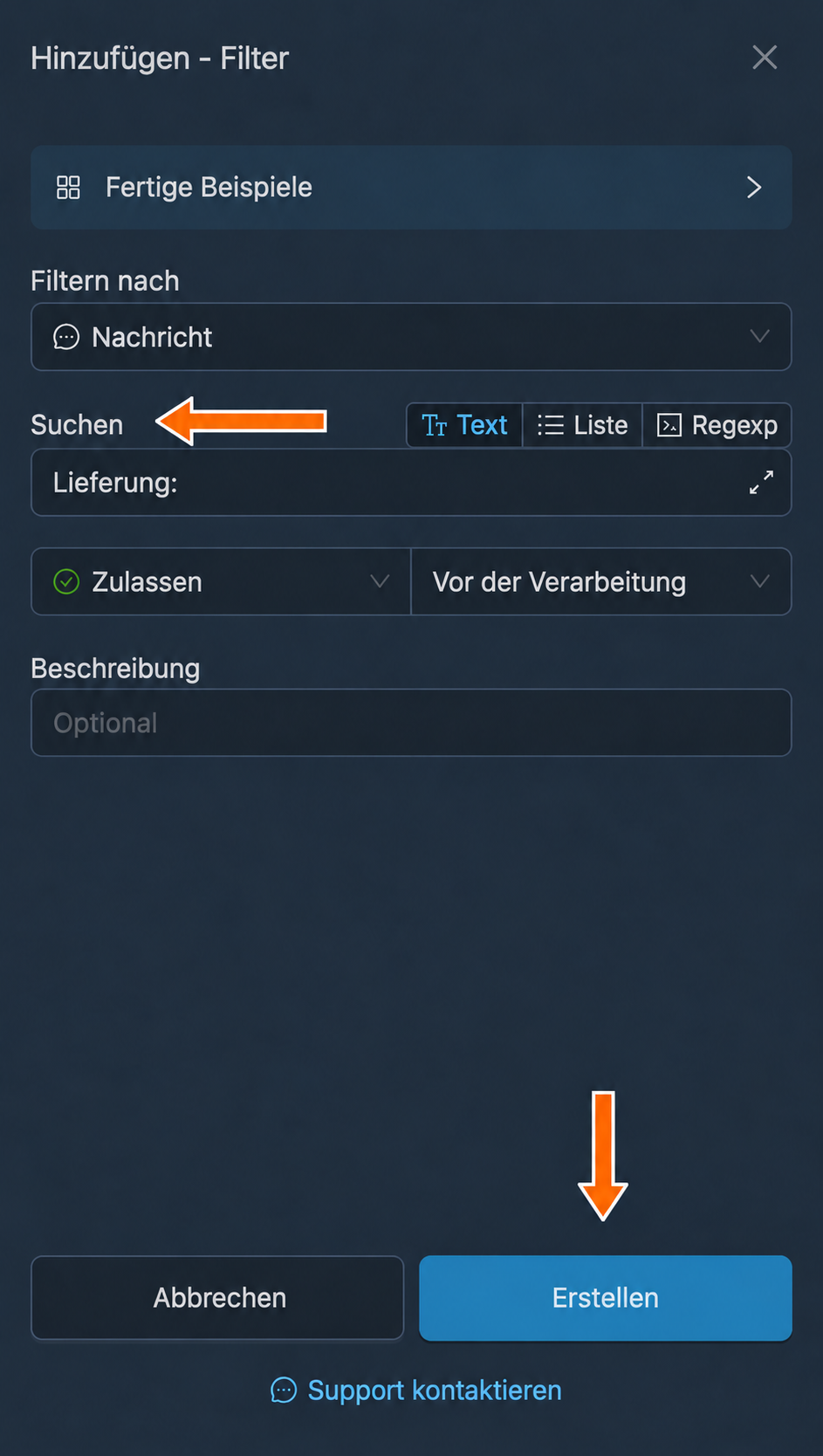 Ein zulassender Filter für die Kennzeichnung „Lieferung:“