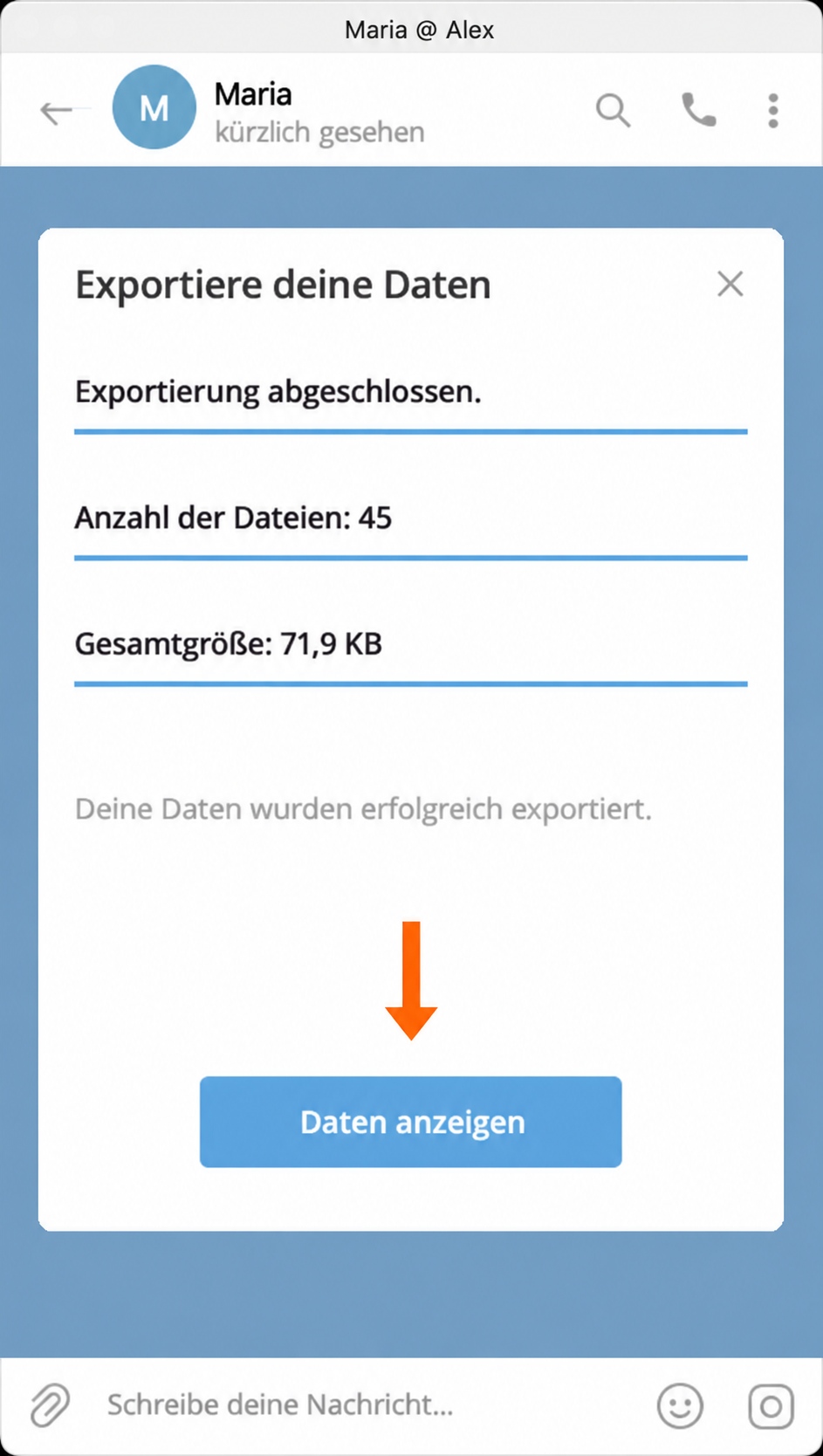 Der Export ist abgeschlossen. Der Ordner lässt sich öffnen.