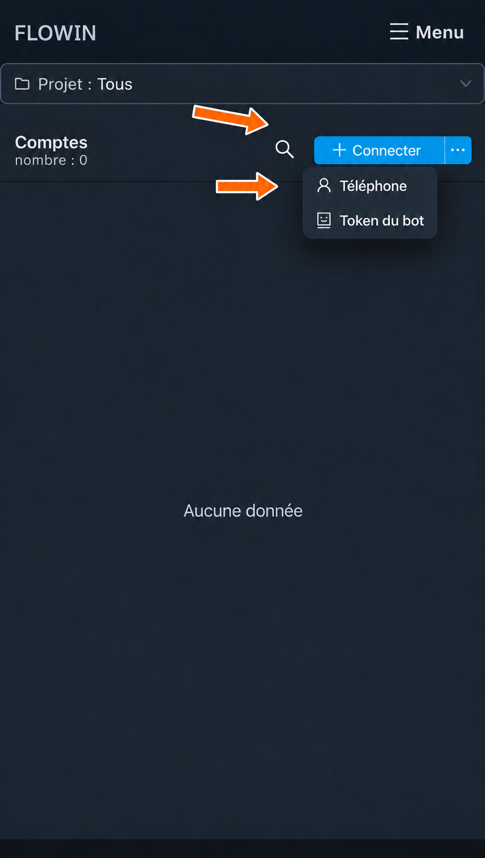La liste de comptes vide et le choix de la connexion par téléphone