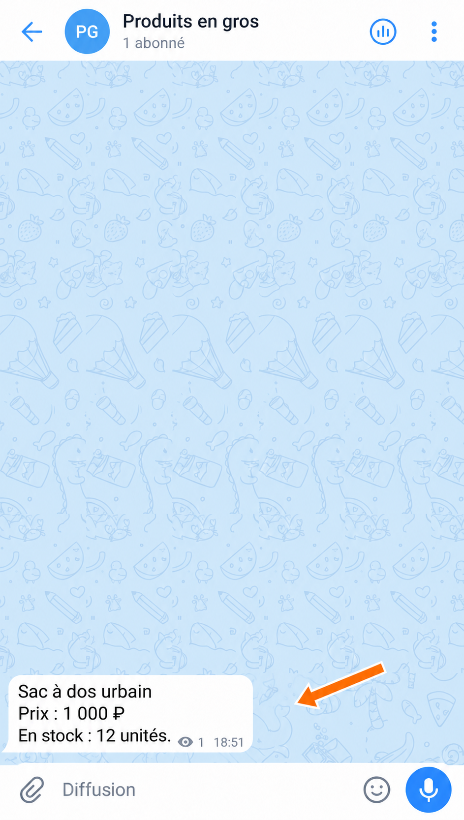 Message d’origine avec le prix de gros