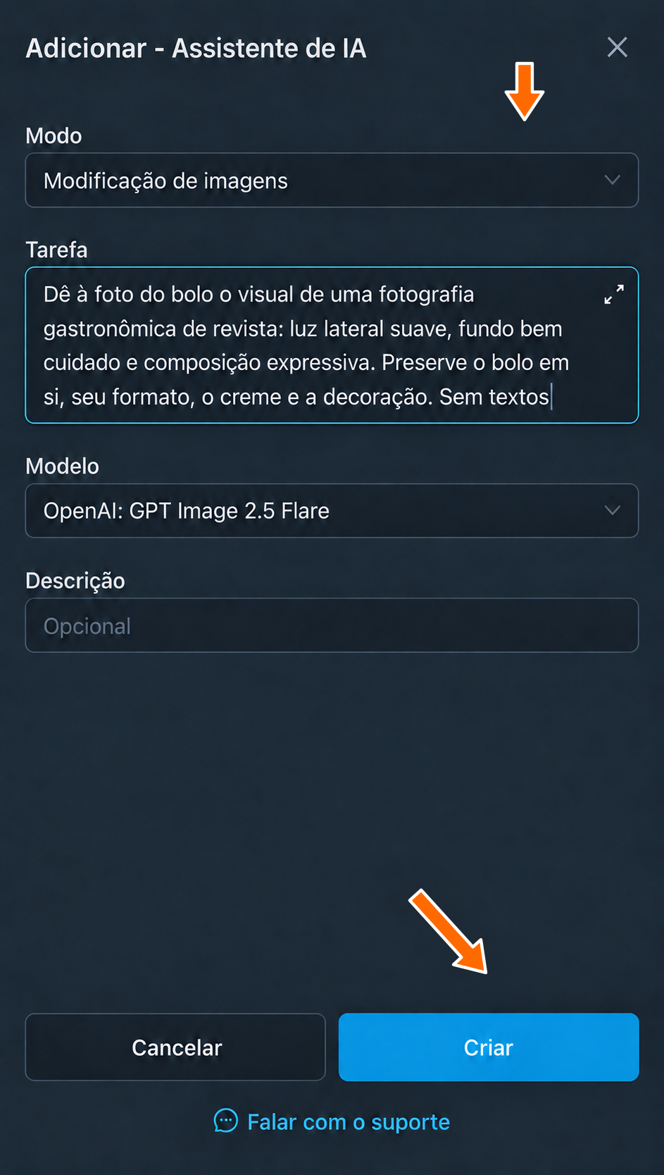 Seleção do modo, tarefa e criação do processamento