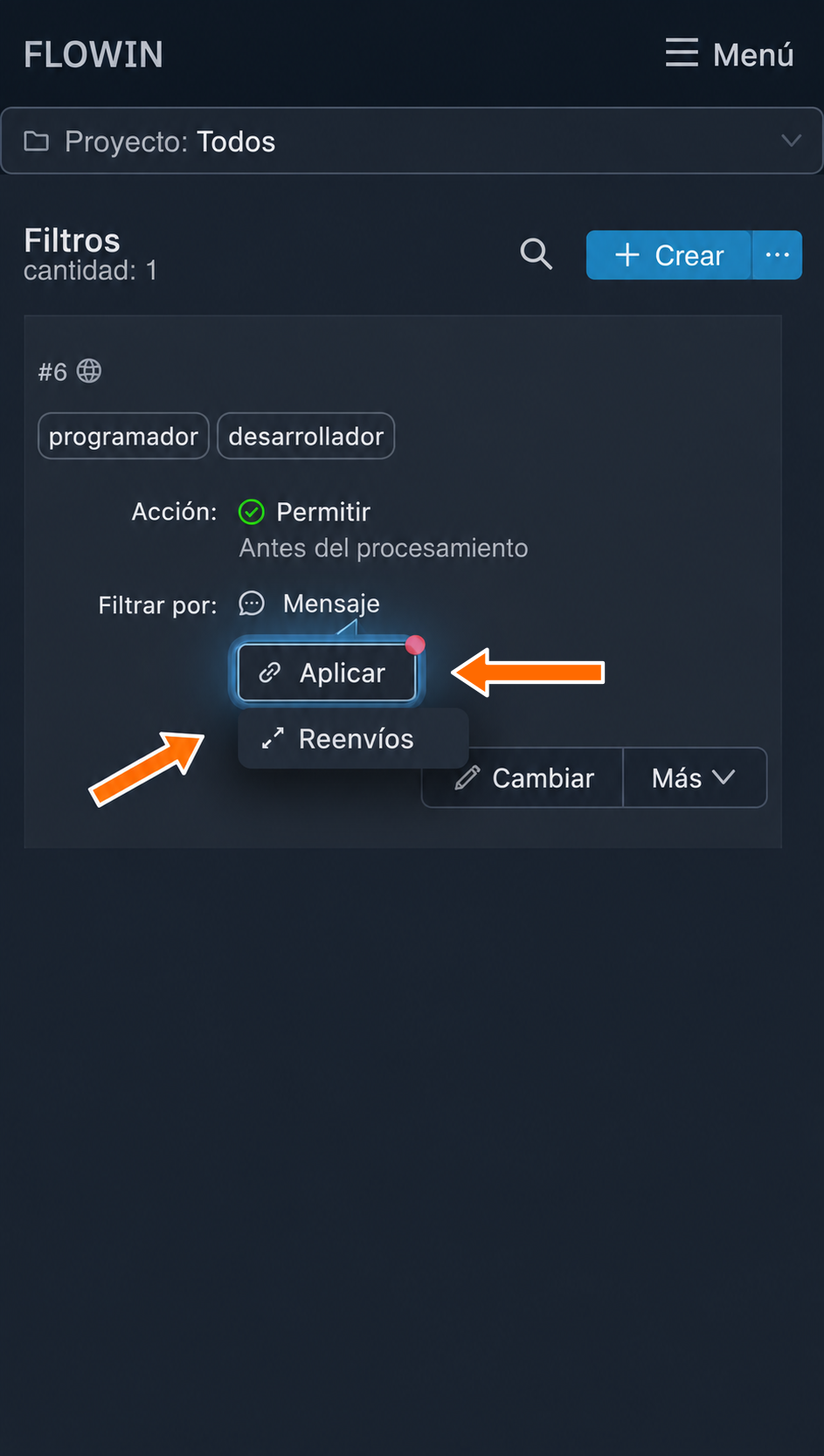 Selección de «Reenvíos» en el menú de aplicación