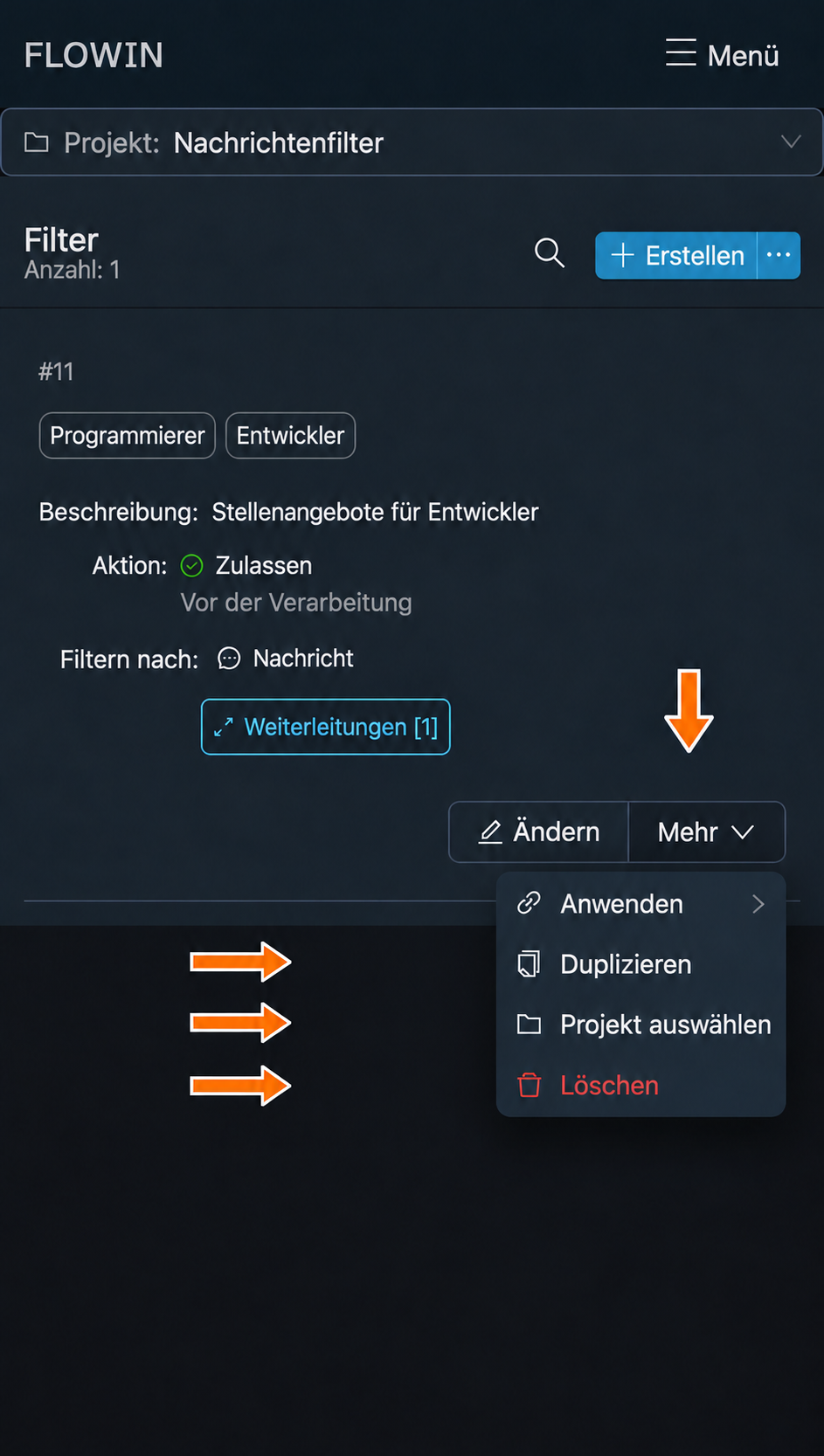 Filteraktionen im Menü „Mehr“