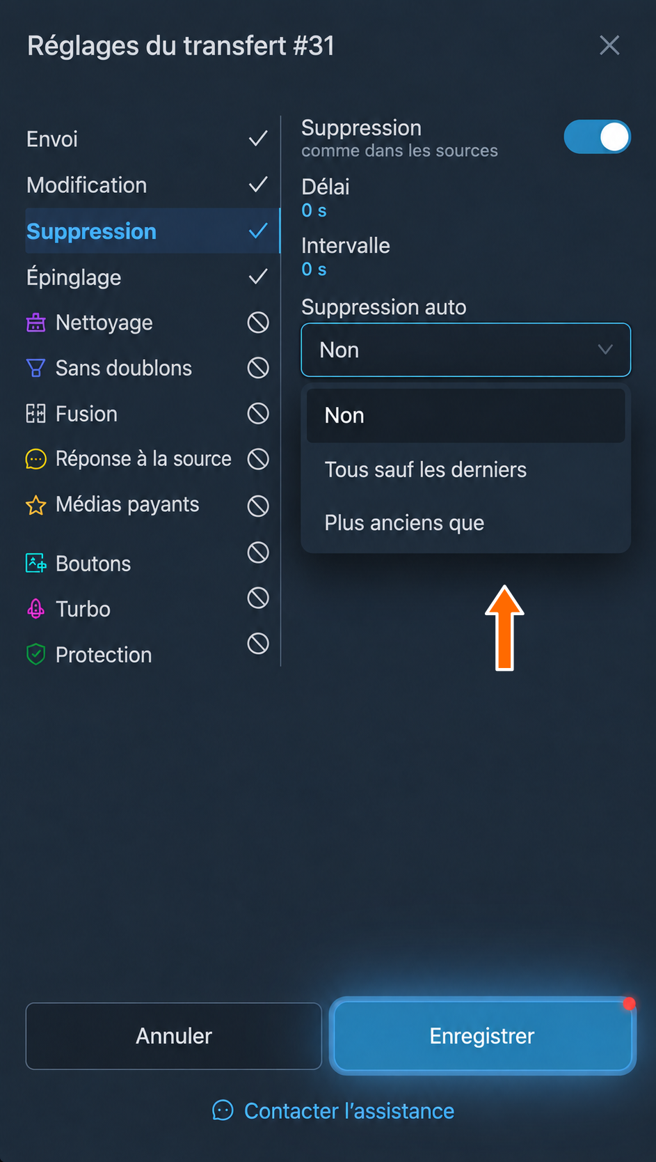 Conditions de suppression automatique
