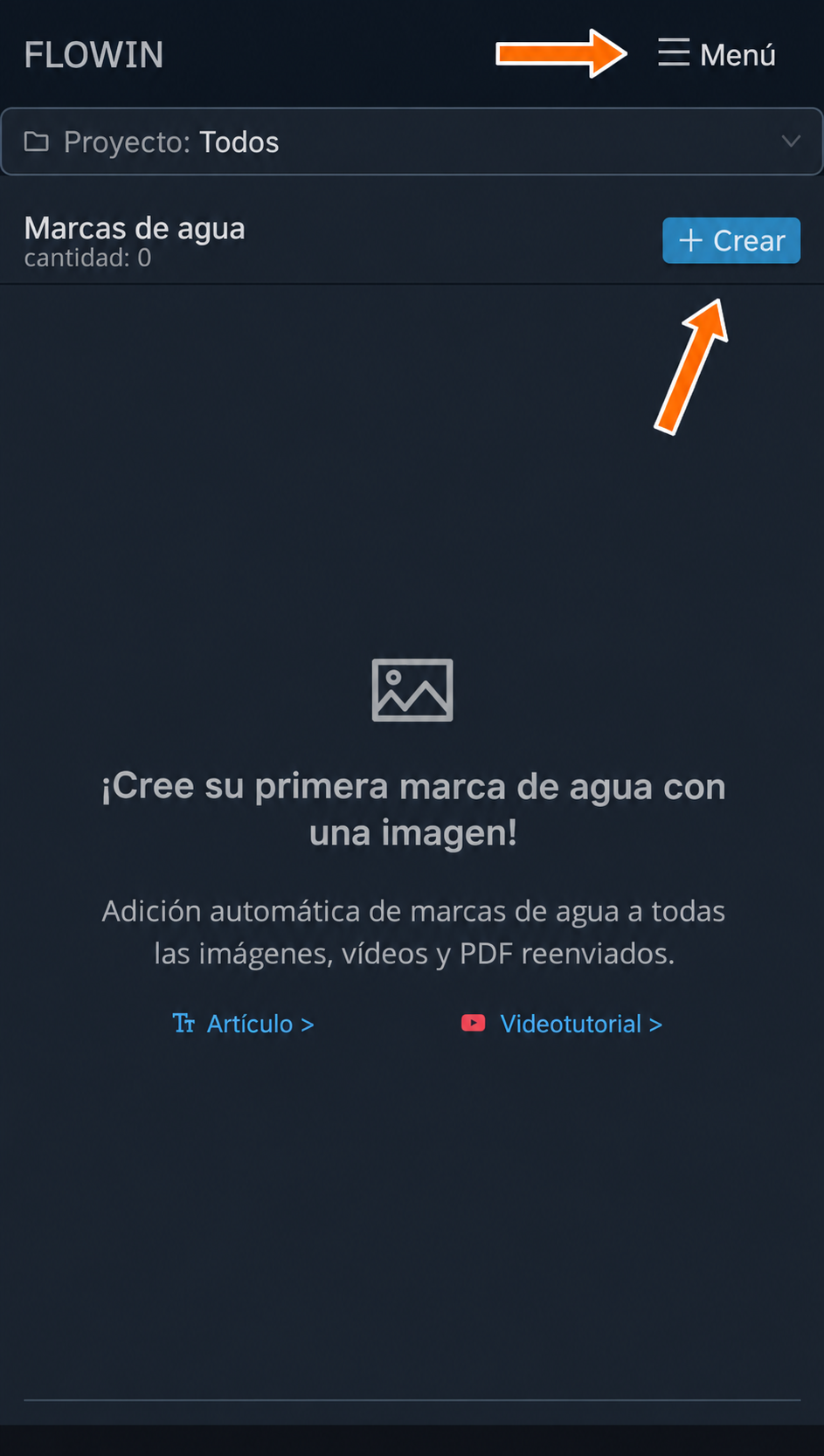 Botones «Menú» y «Crear» en la página de marcas con imagen