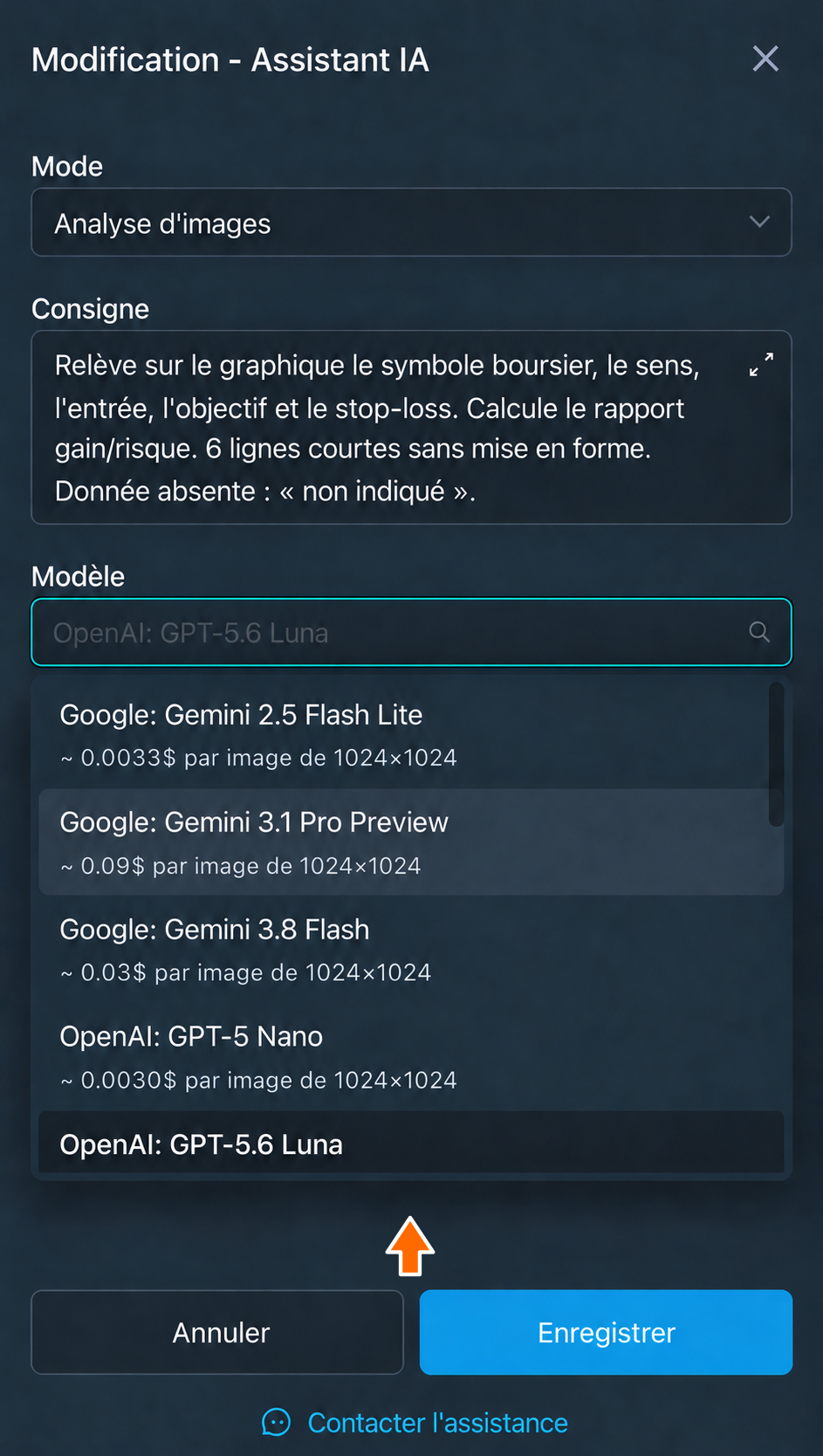 Modèles disponibles pour le mode choisi