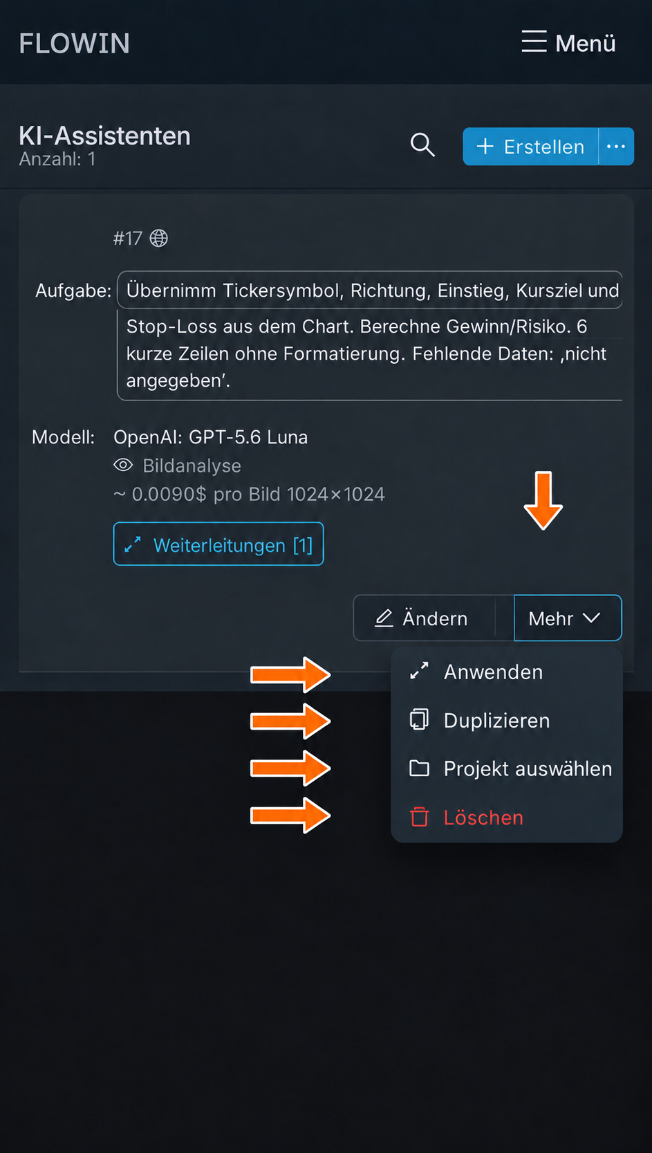 Weitere Aktionen für die gespeicherte Aufgabe