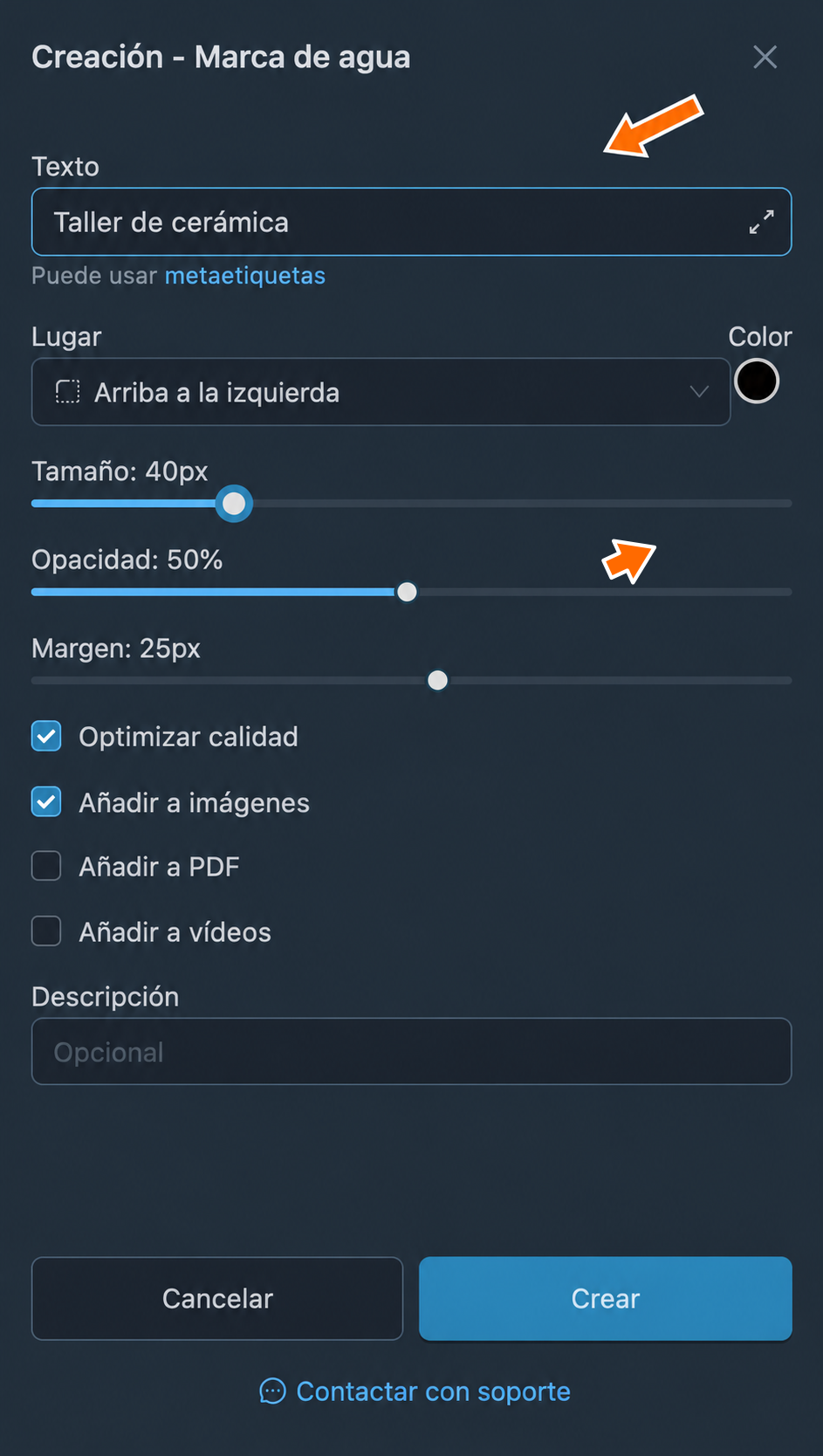 Texto de la marca y tamaño de la inscripción