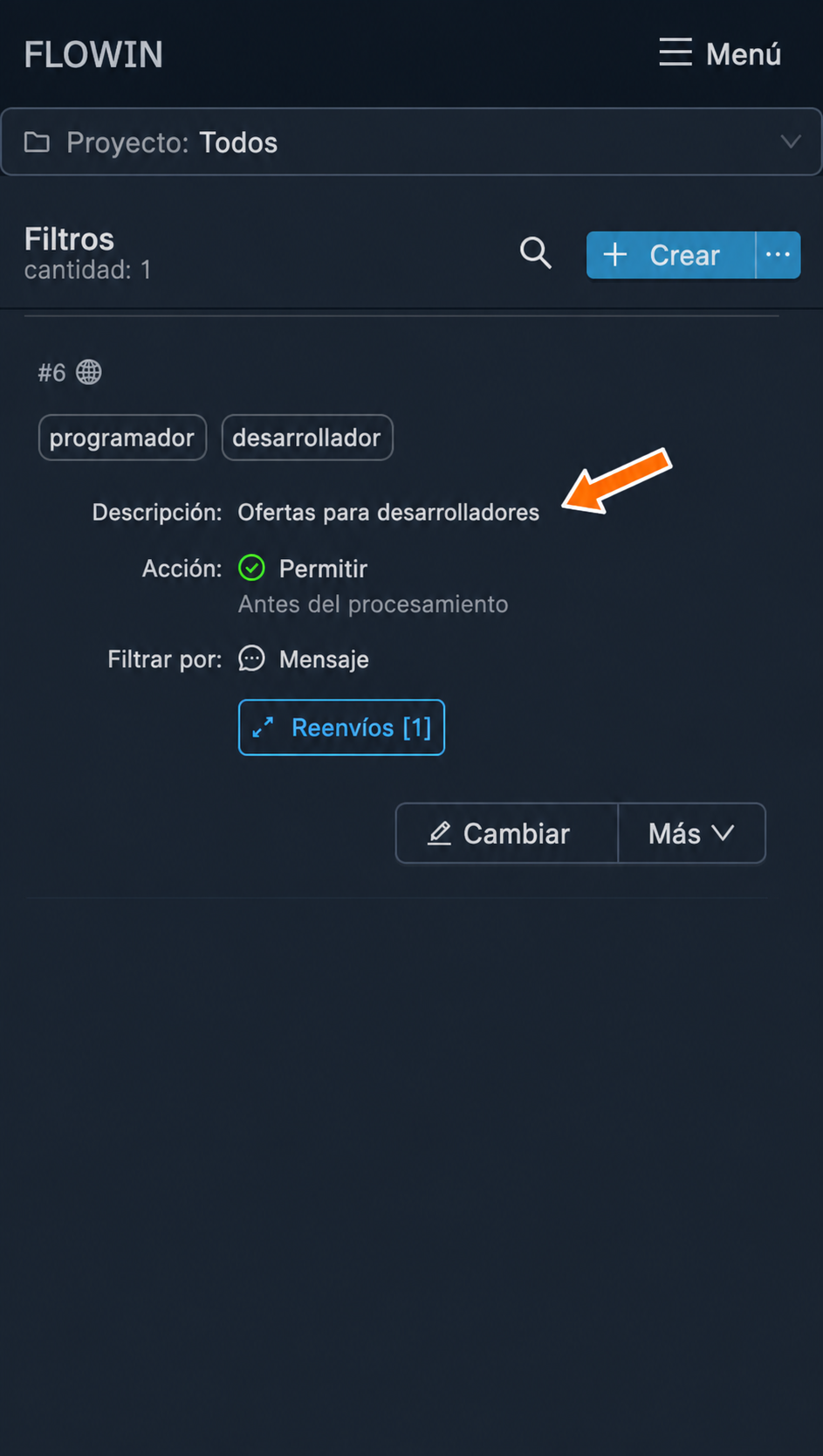 Nueva descripción en la fila del filtro