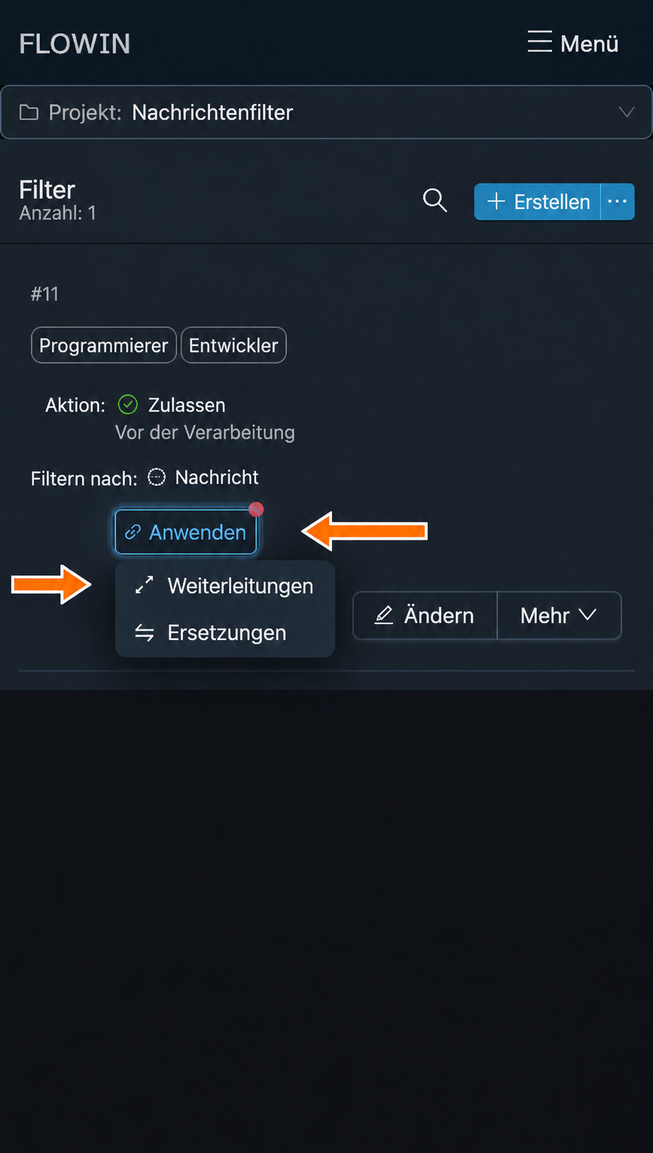 „Weiterleitungen“ im Menü „Anwenden“ auswählen
