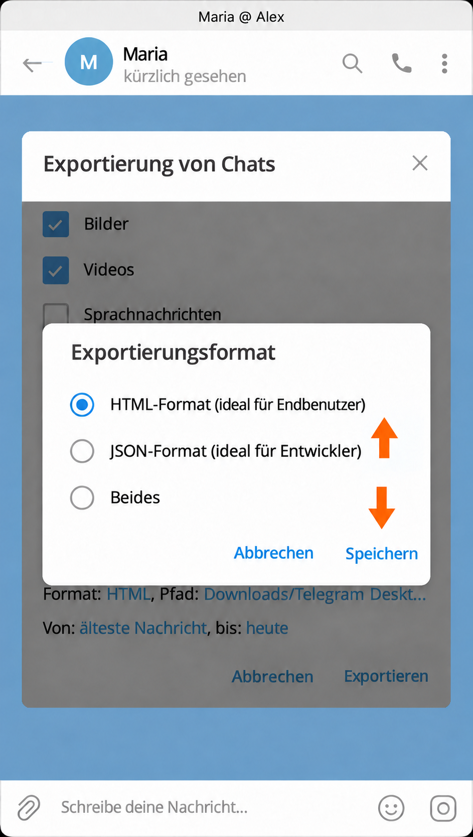 HTML eignet sich zum Lesen des Chatverlaufs.