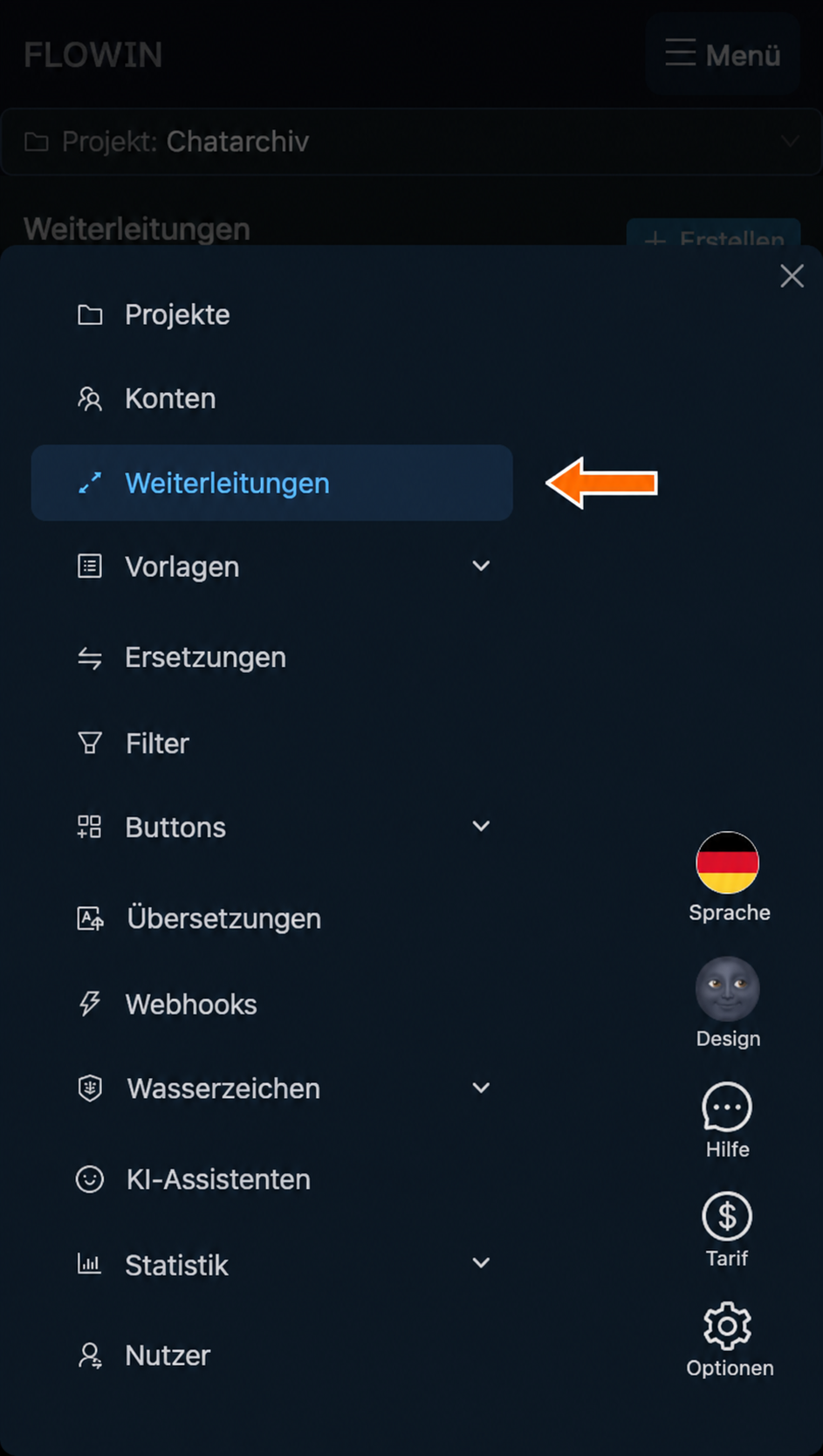 Bereich „Weiterleitungen“ im Menü des Dashboards.