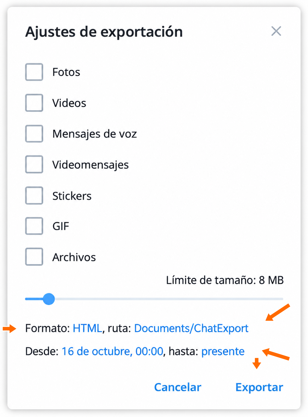 Formato, carpeta, período e inicio de la exportación.