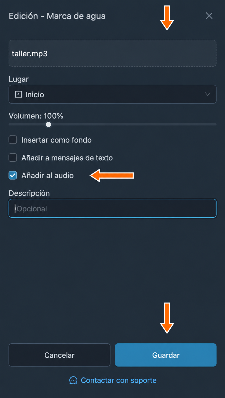 Ajustes de inserción de audio y botón de guardado