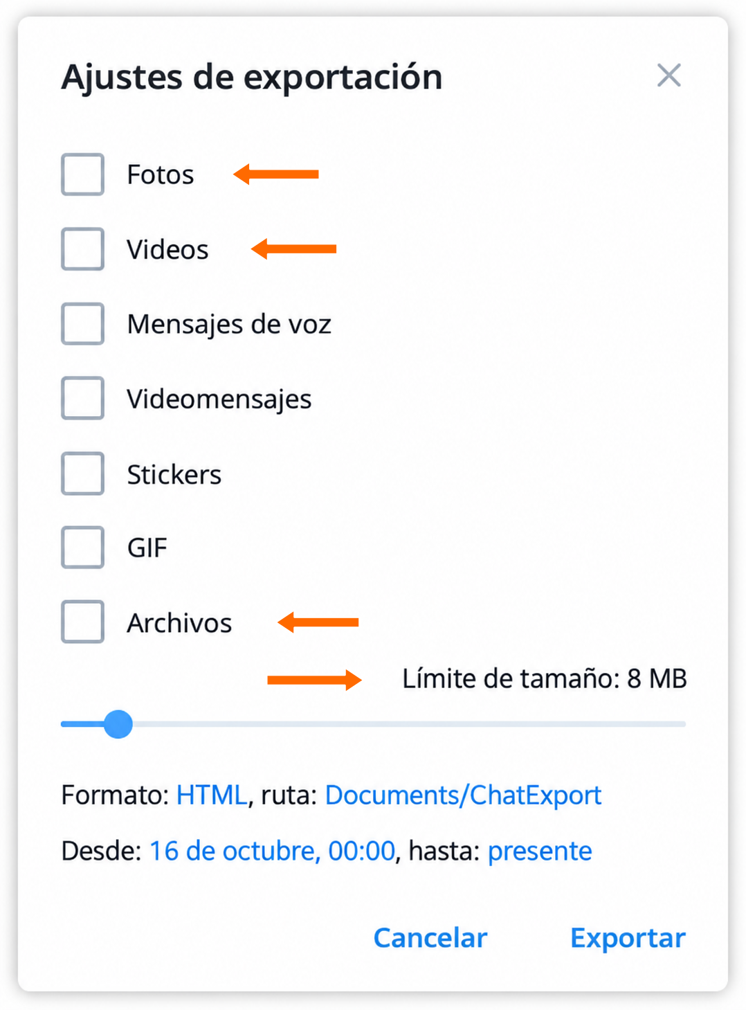 Selección de adjuntos y límite de tamaño de archivo.