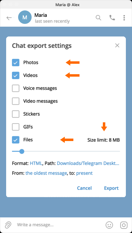 Choosing attachments and a file size limit.