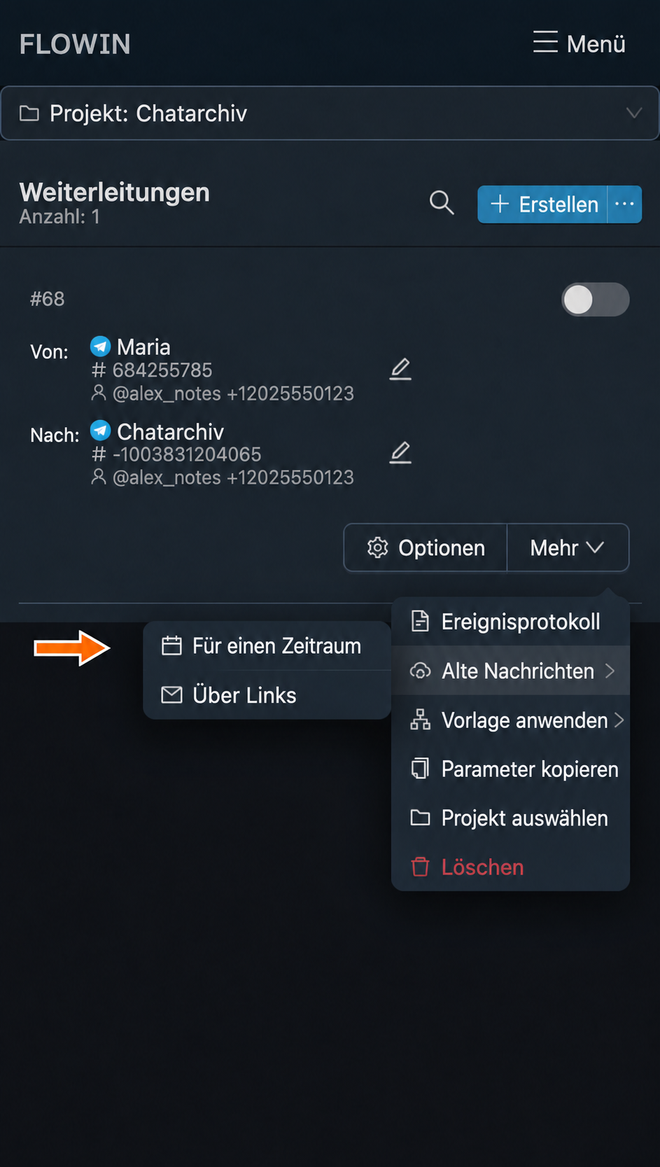 Nachrichten aus einem bestimmten Zeitraum kopieren.