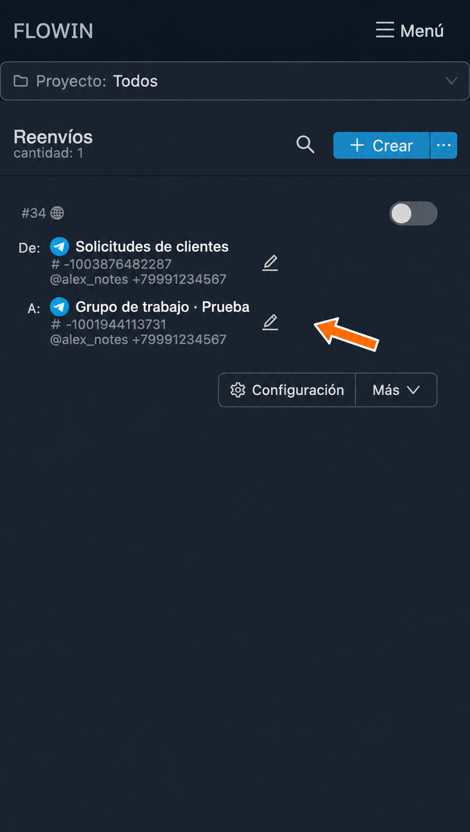 Edición del destino del reenvío