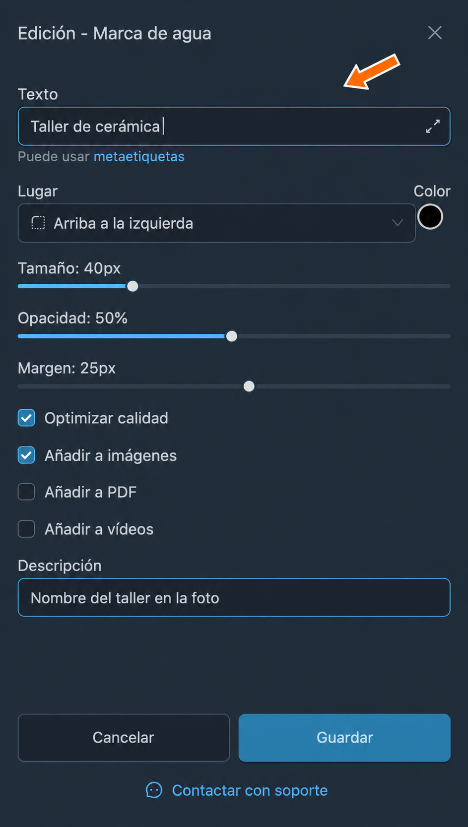 Texto, posición, color, tamaño y opacidad