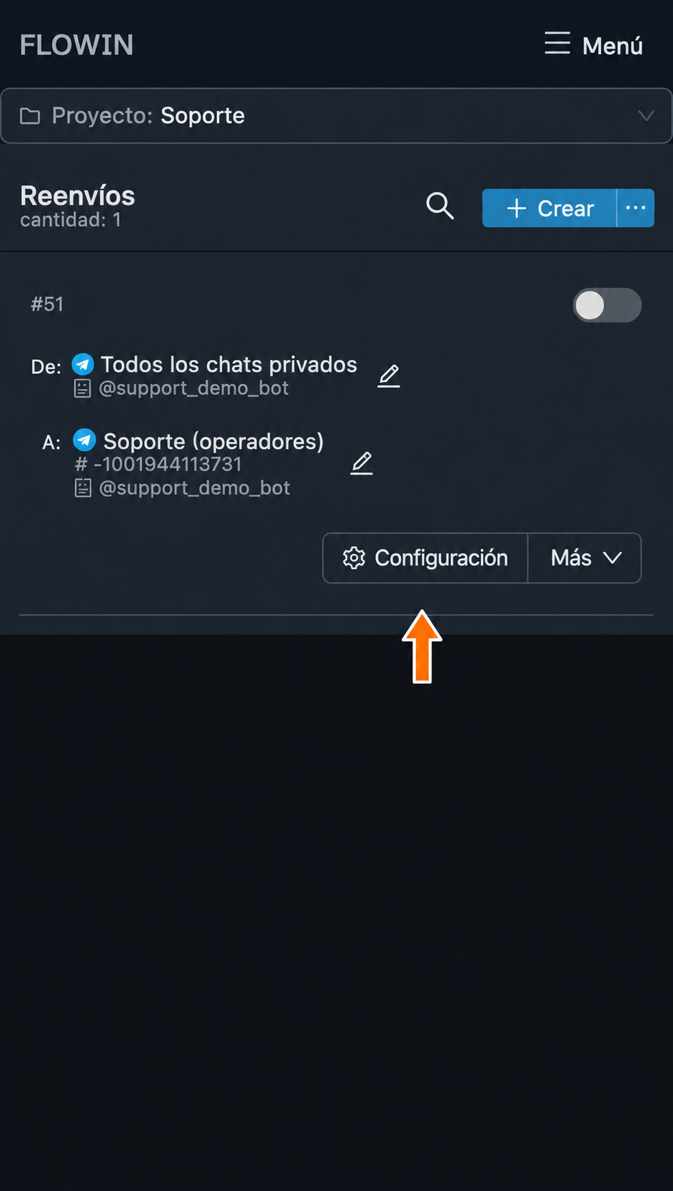 Botón «Configuración» del reenvío. El reenvío debe estar activado para procesar las consultas