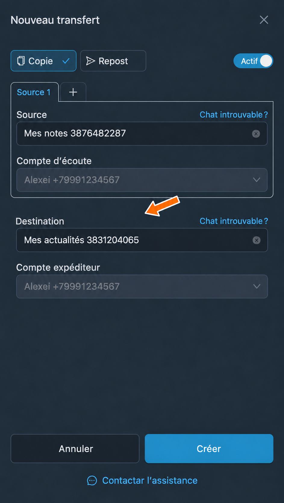 Destination des messages sélectionnée