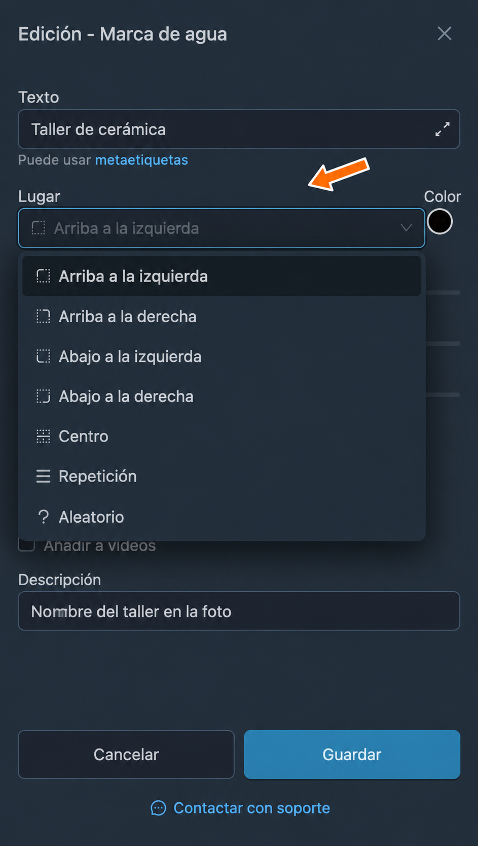 Opciones de posición de la marca de texto