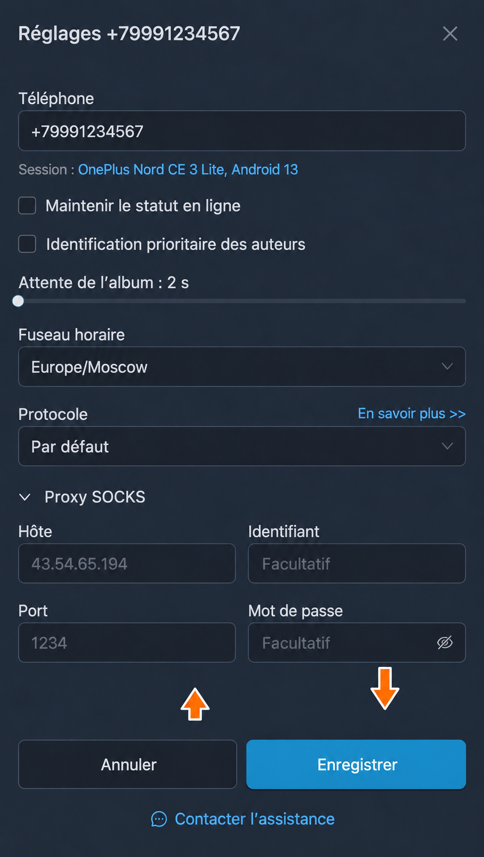 Le bloc Proxy SOCKS déplié dans les réglages de FLOWIN