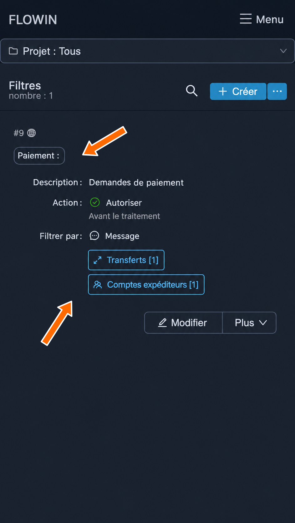 Deuxième filtre pour la mention « Paiement : » et un autre compte expéditeur