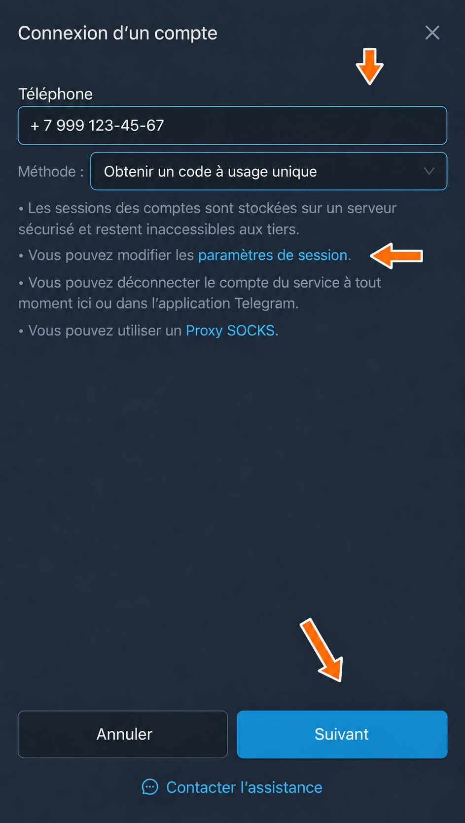 Numéro de téléphone dans le formulaire de connexion de FLOWIN, exemple fictif