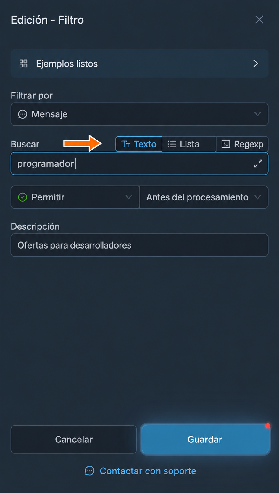 Búsqueda de una secuencia de caracteres en el modo «Texto»