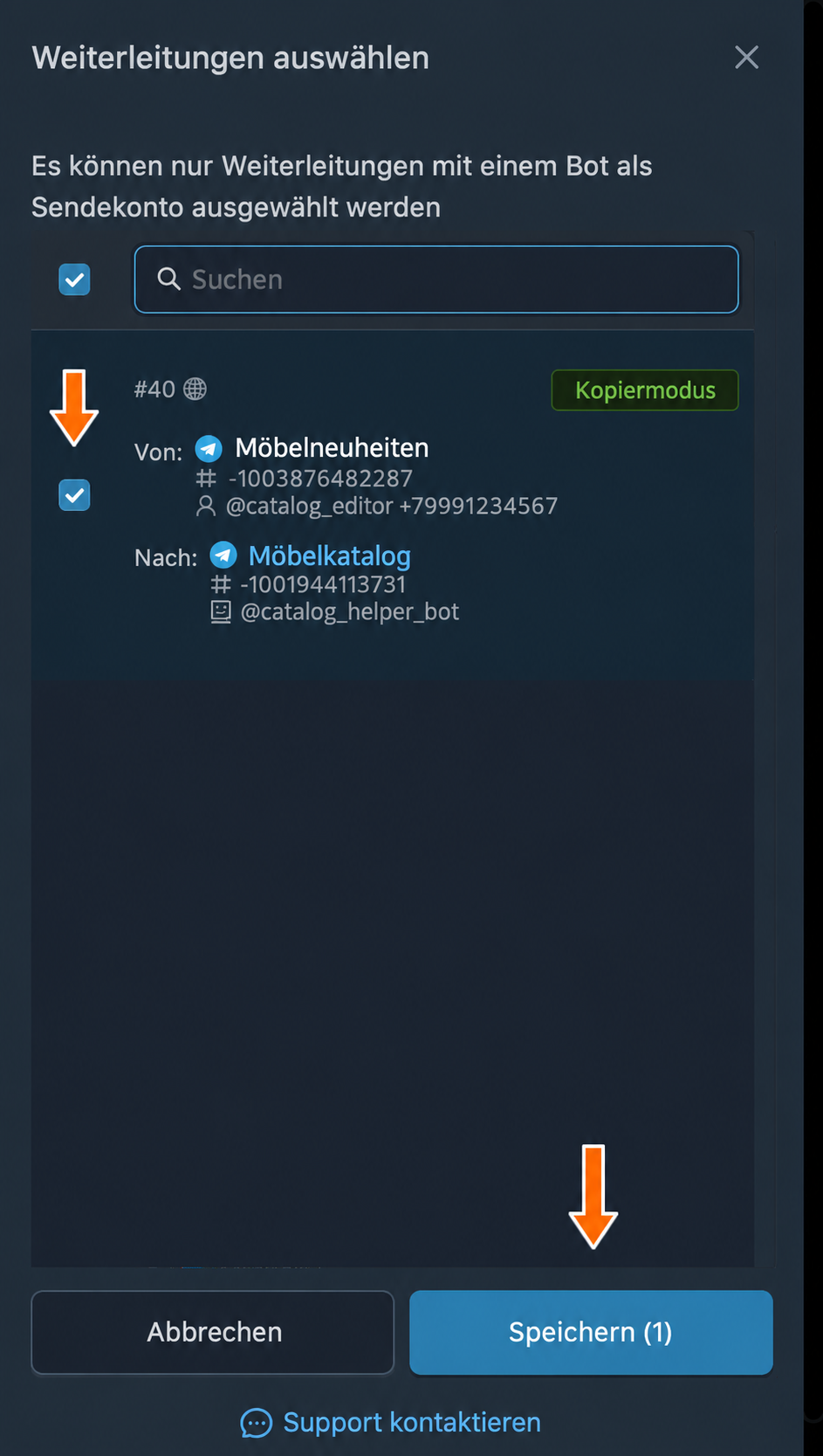 Eine Weiterleitung mit einem Bot als Sendekonto auswählen