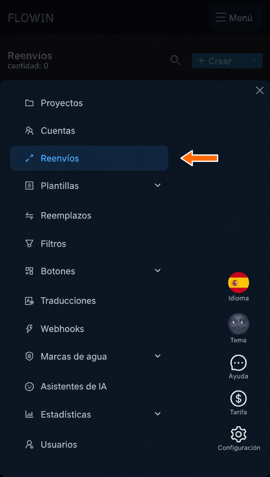 Opción Reenvíos en el menú de FLOWIN