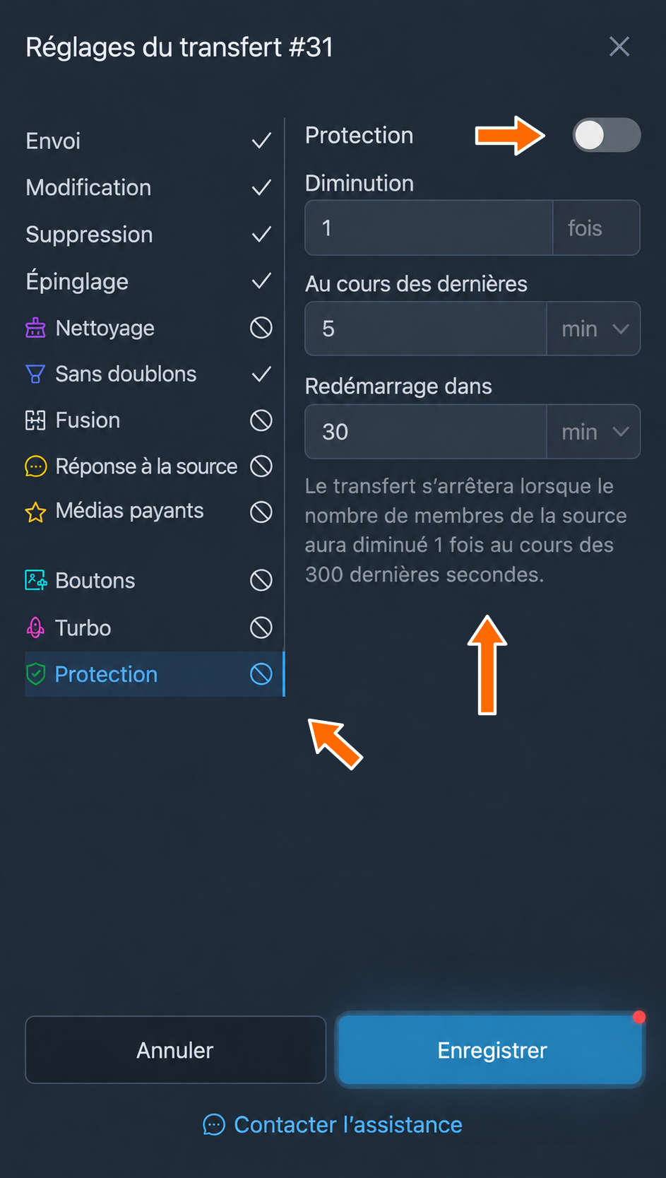 Paramètres de protection
