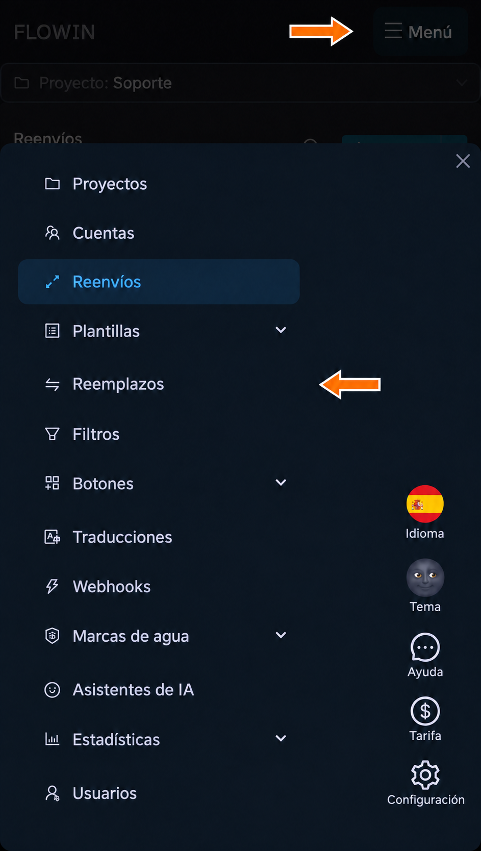 Sección «Reemplazos» en el menú de FLOWIN