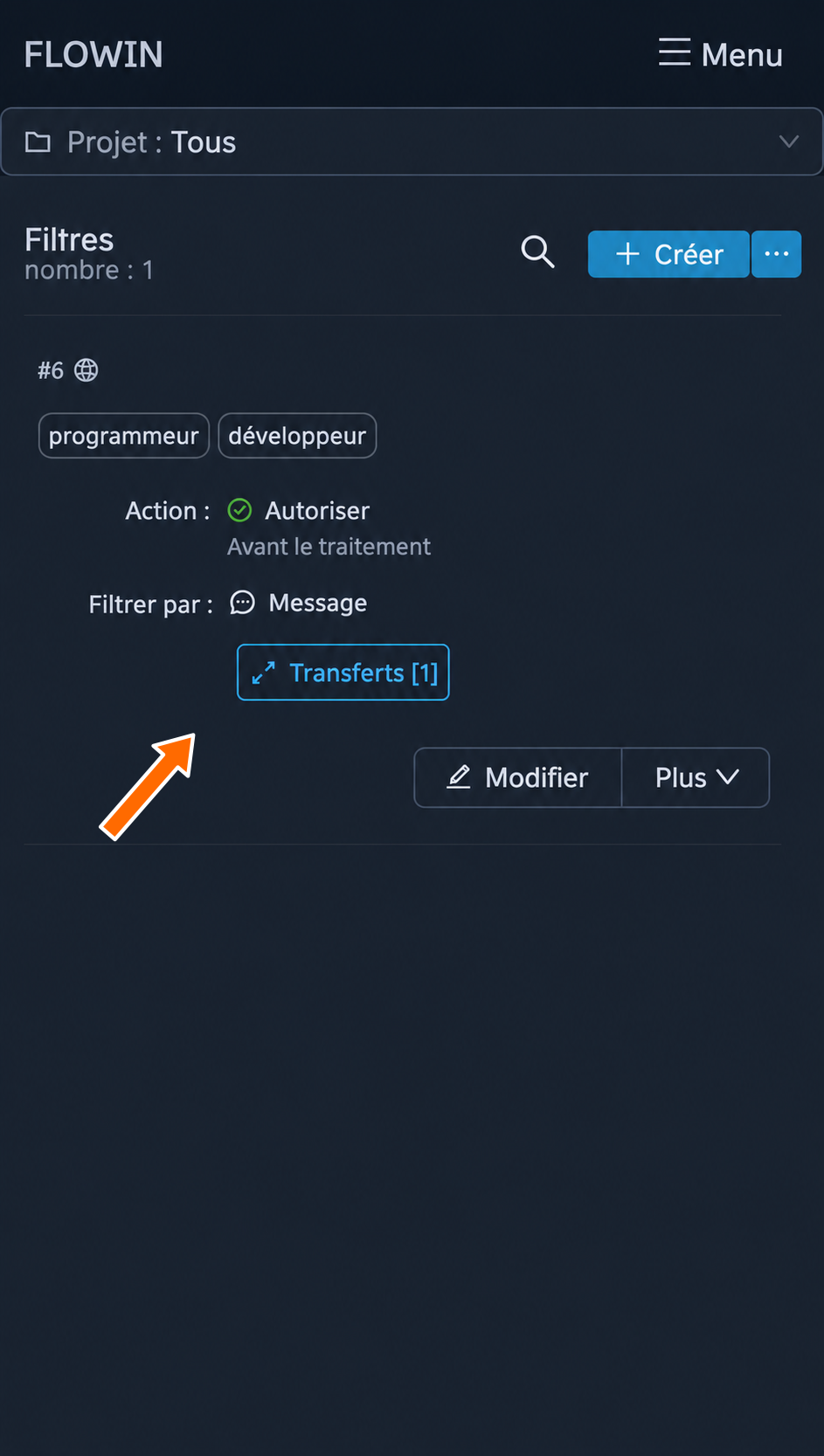 Le filtre créé et le transfert associé