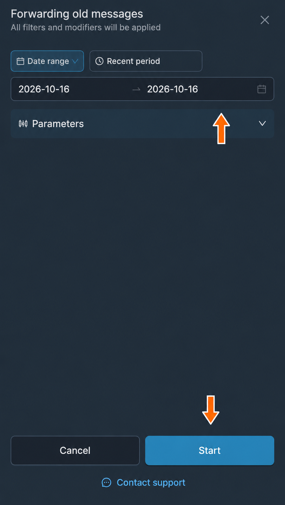 The period for copying old messages and the Start button