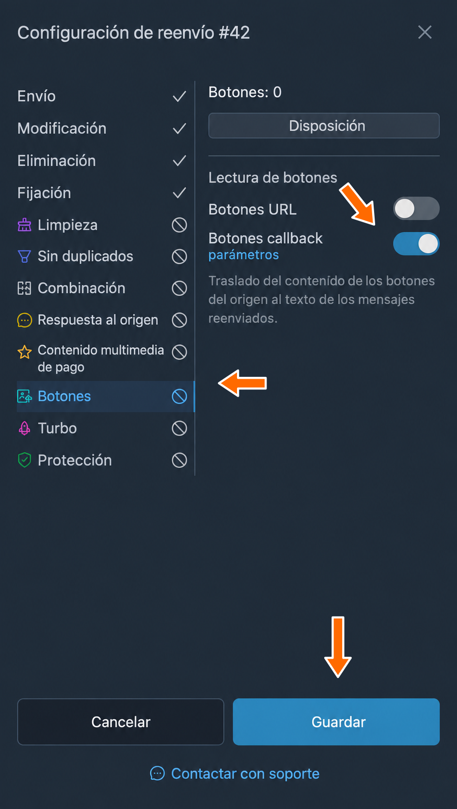Lectura de botones callback en la configuración del reenvío