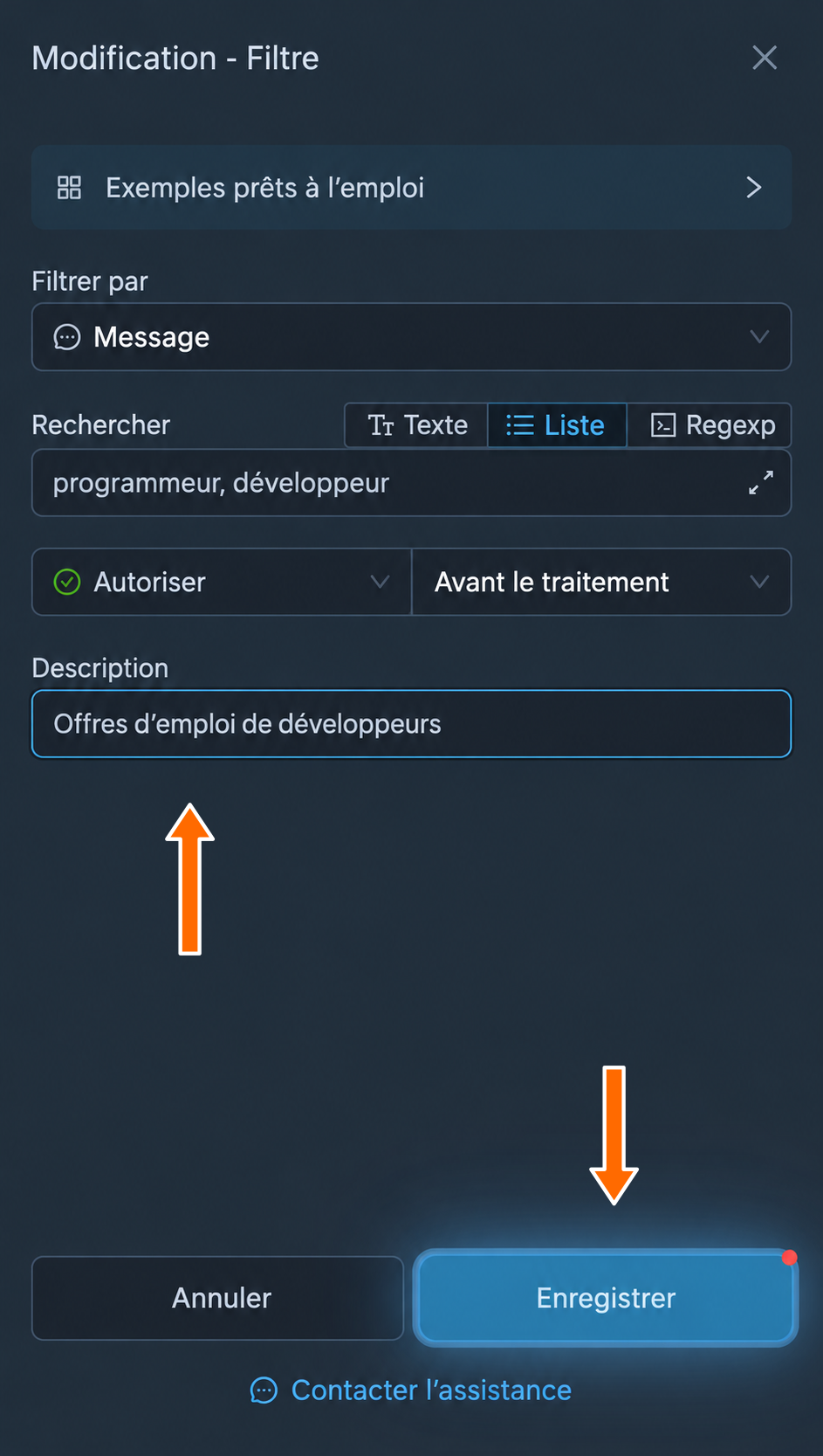 Enregistrement de la nouvelle description du filtre